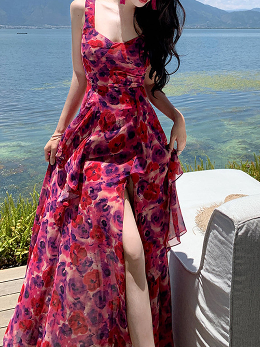 Onbely robe maxi longue mousseline imprimé à fleurie fendu le côté
