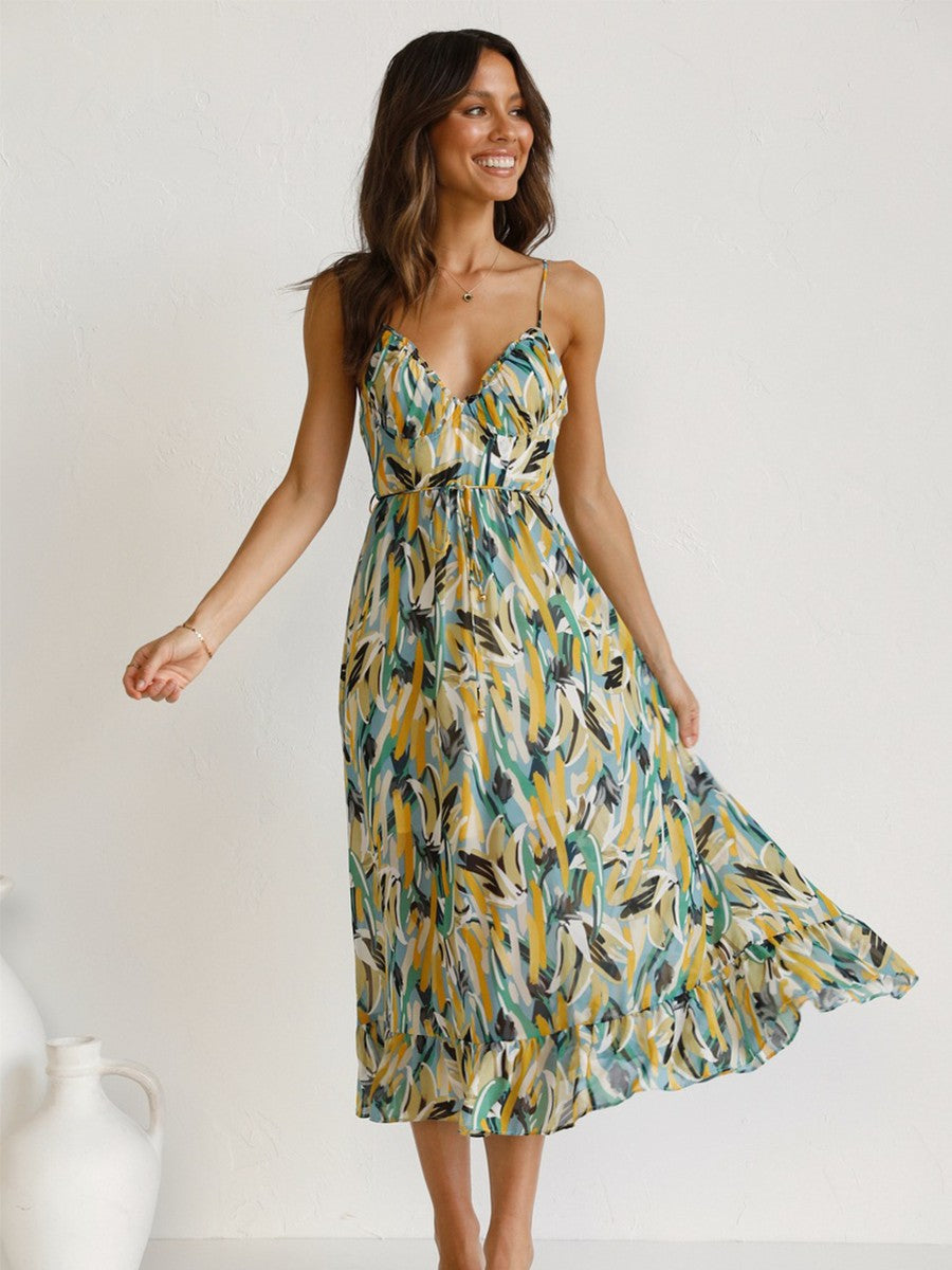 Onbely mi-longue robe imprimé à fleurie dos nu à fines brides col en V doux mode tous les jours vacances