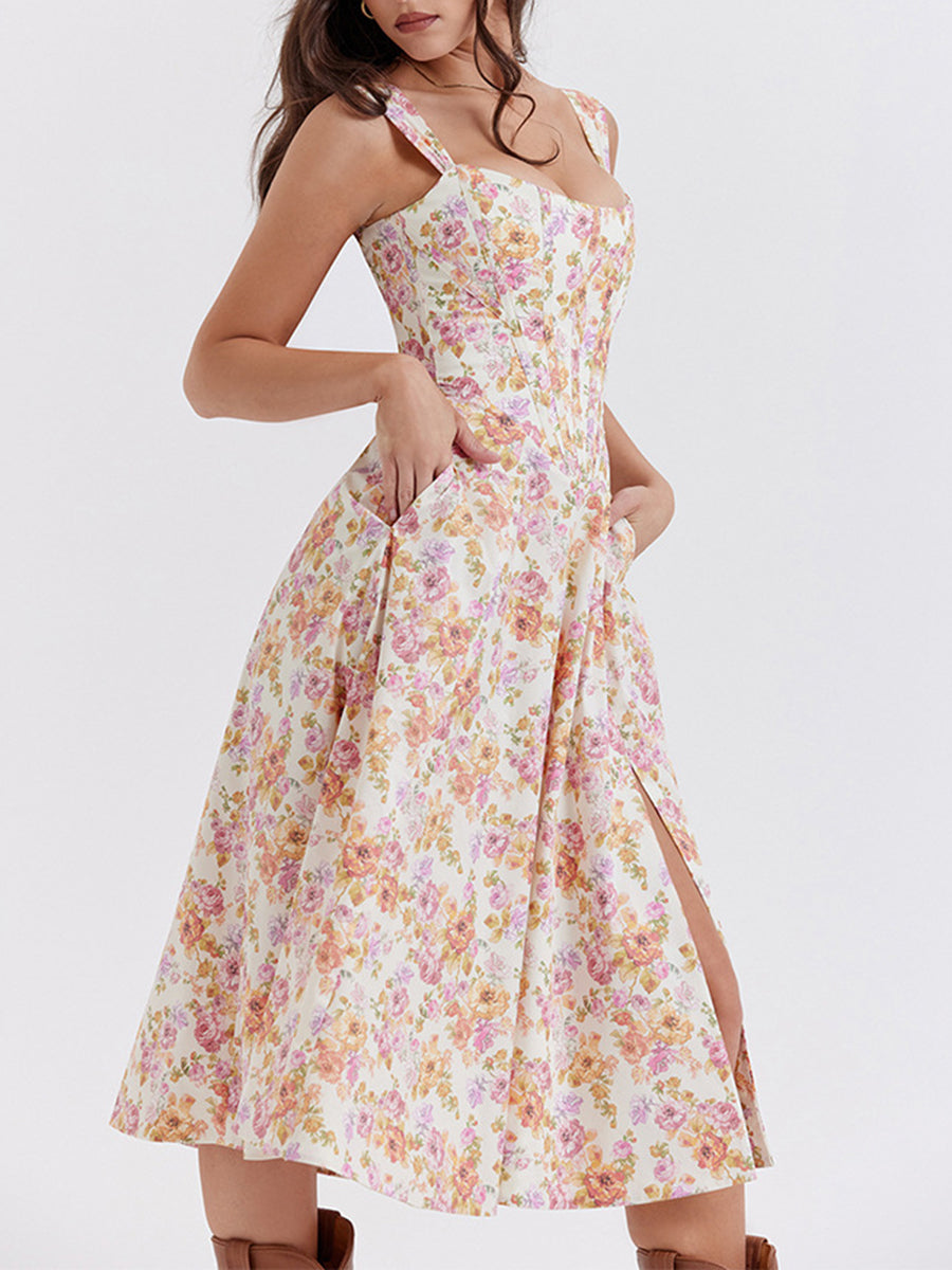Onbely mi-longue robe trapèze imprimé à fleurie fendu le côté bustier dos nu à fines brides doux vacances tous les jours