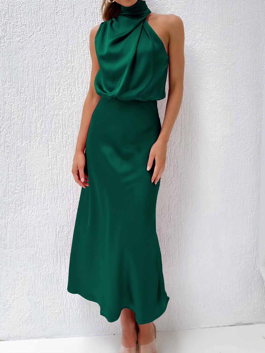 Onbely mi-longue robe unicolore satin sans manches taille haute élégant invité mariage