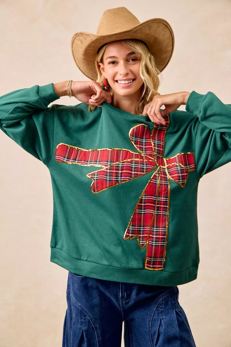 Sweat de Noël en polaire à ruban écossais et nœud décoratif