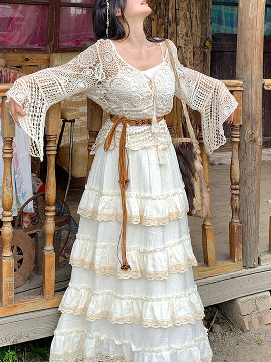Onbely Jupe Longue à Gâteau en Dentelle Bohème Abricot pour Femme boho dress