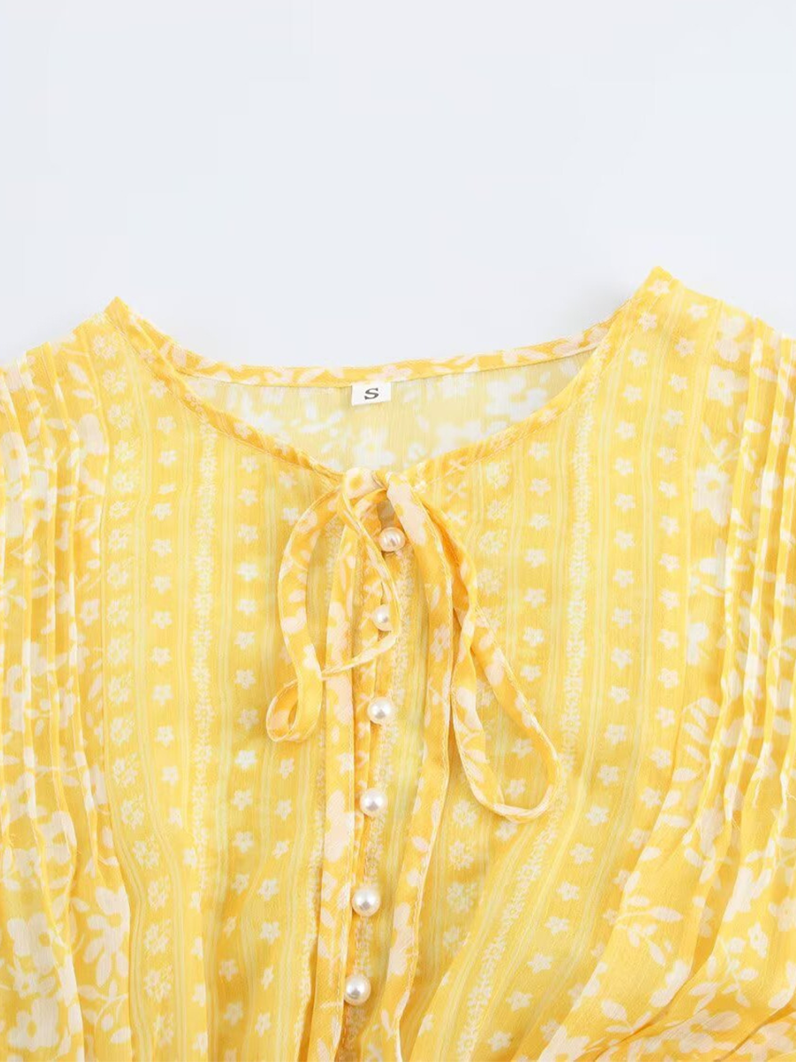 Onbely Robe Longue mousseline imprimé à fleurie Manches Longues Jaune