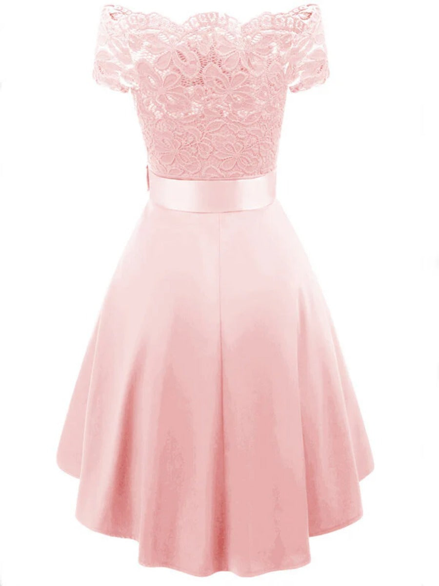 Onbely Robe Midi Vintage en Dentelle Ceinturée à Manches Courtes Cocktail