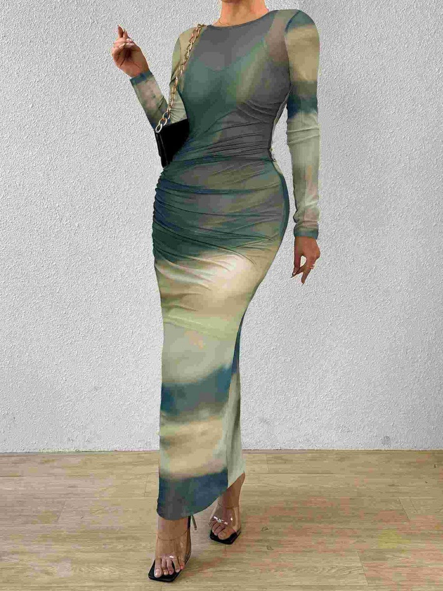 Onbely robe longue moulante tie and dye géométrique col rond manches longues élégant tous les jours
