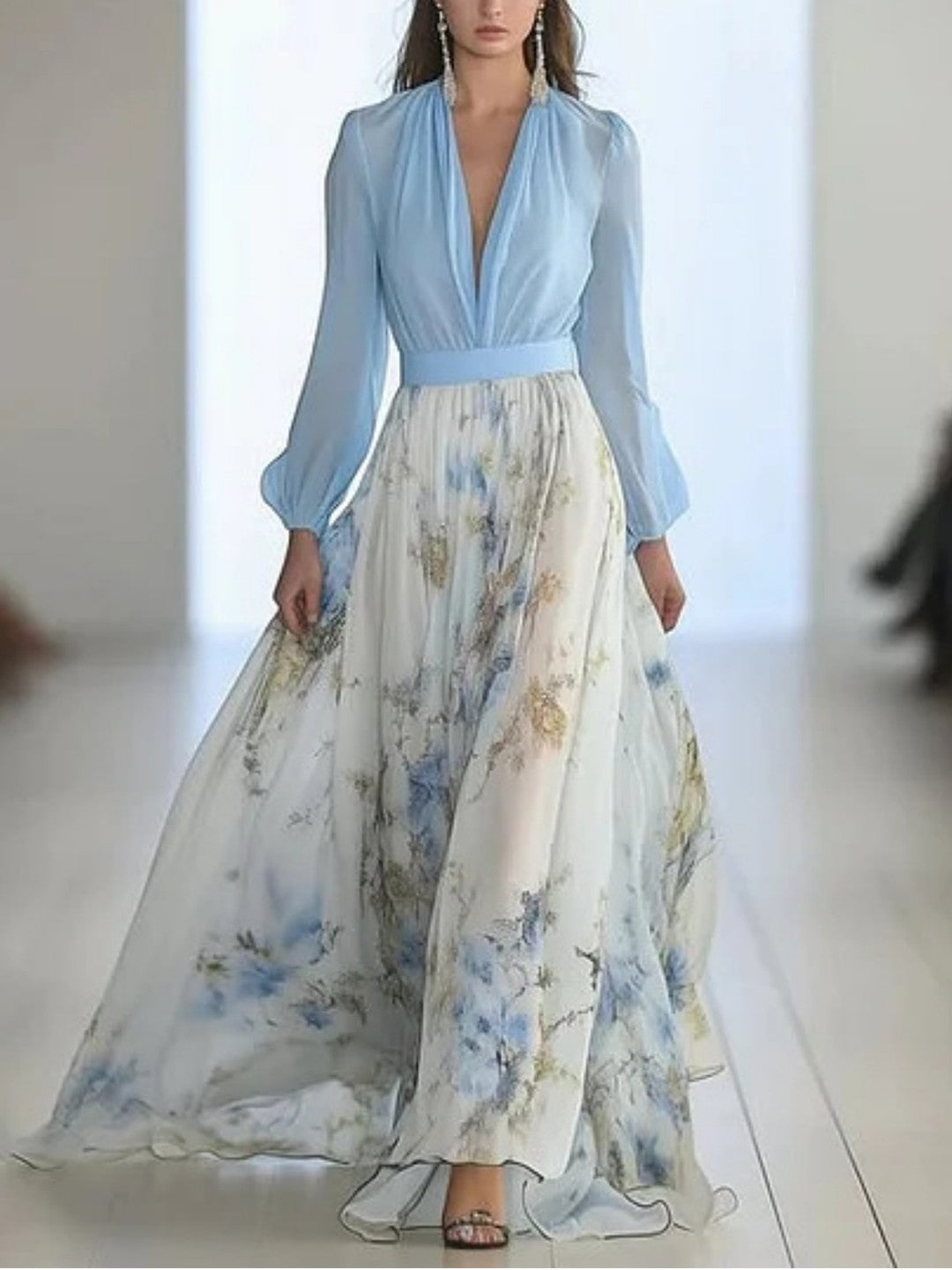 Onbely robe longue imprimé floral col en V manches bouffantes manches longues taille marquée élégant mode anniversaire cérémonie