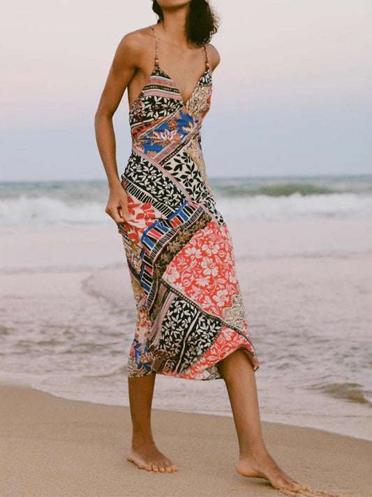 Onbely robe longue trapèze imprimé à fleurie dos nu à fines brides col en V mode vacances plage