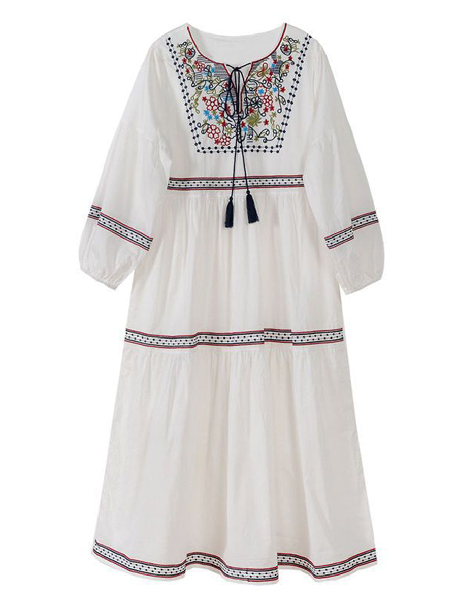 Onbely robe longue brodée bohème casual à manches longues col carré pour vacances et plage