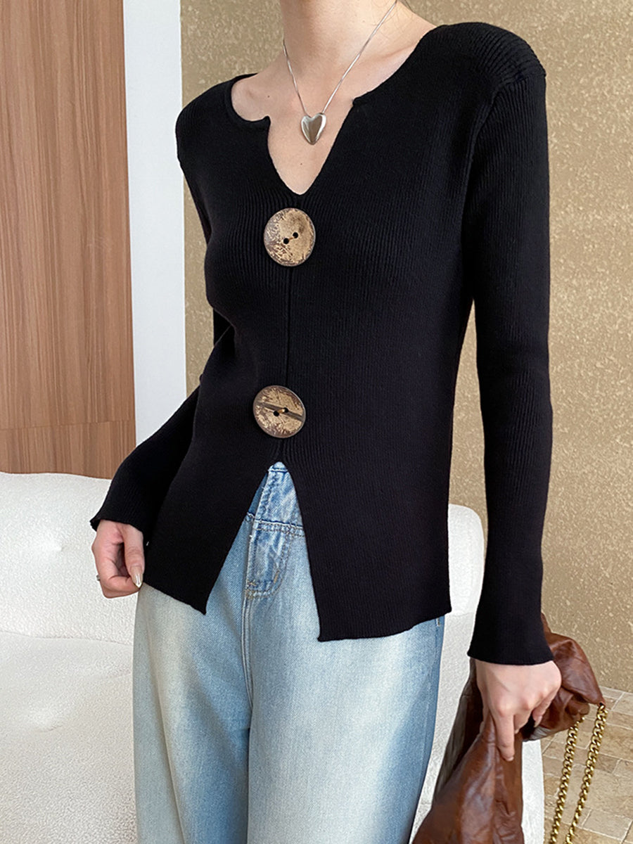 Onbely pull en maille moulante Col en V boutons pour femme mode