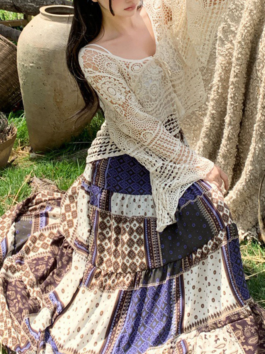 Onbely Jupe Longue Ethnique Vintage Bohème Imprimé Fleurie Taille Haute Violet pour Femme