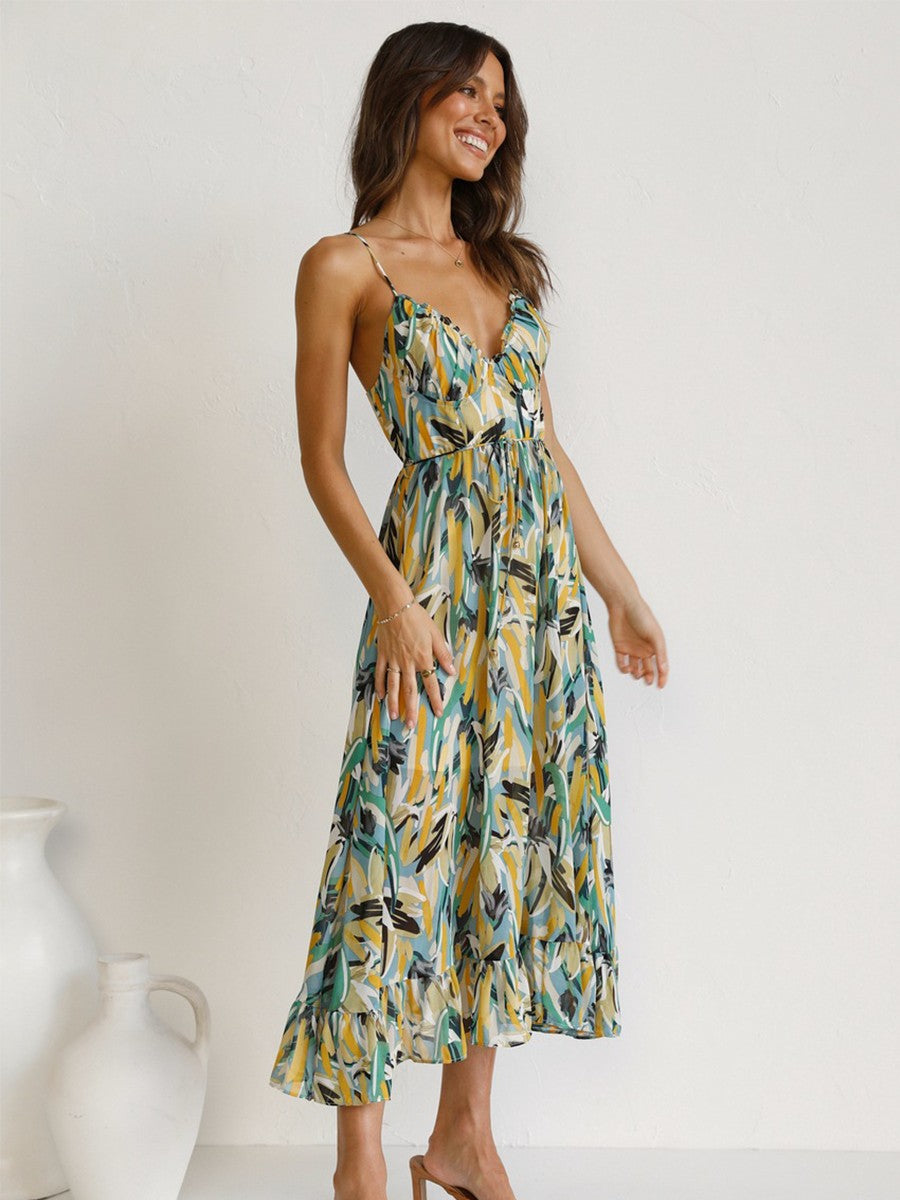 Onbely mi-longue robe imprimé à fleurie dos nu à fines brides col en V doux mode tous les jours vacances