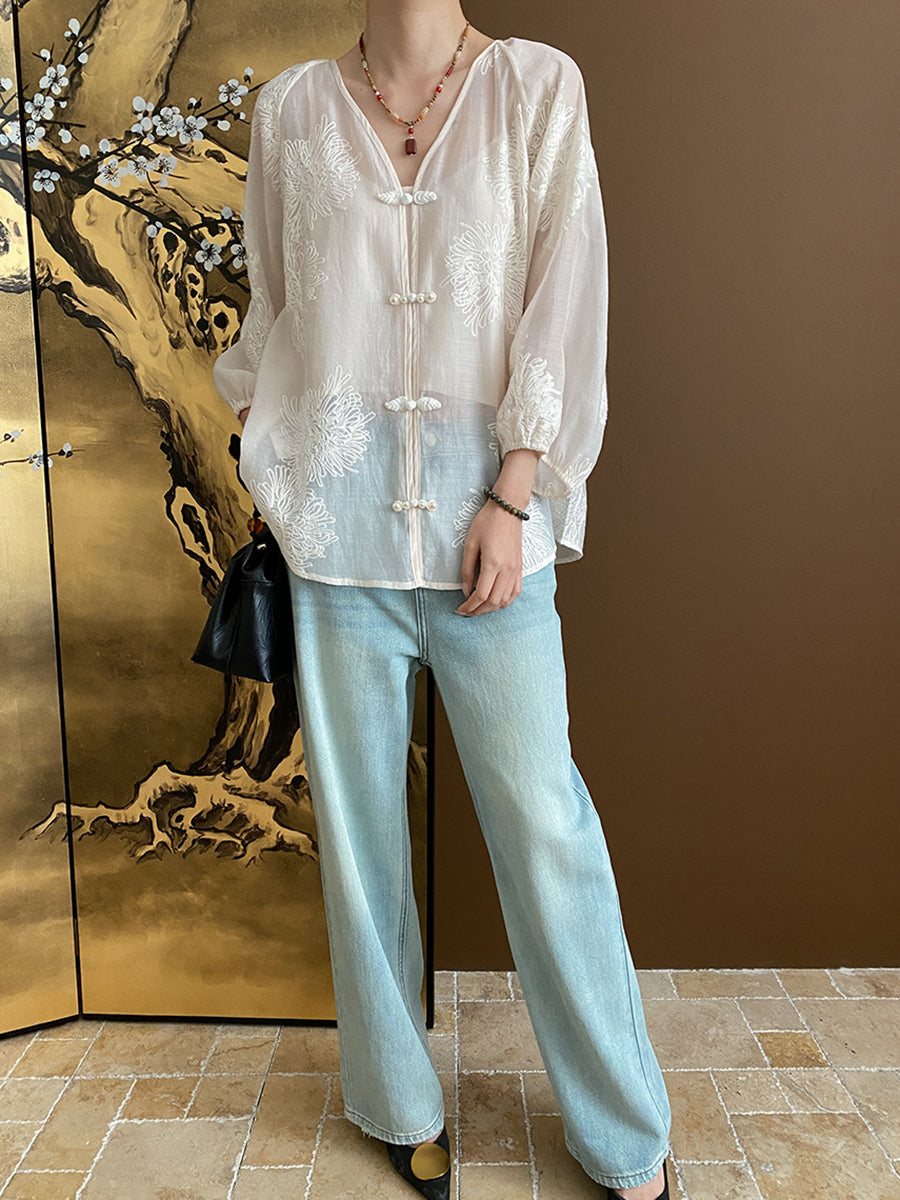 Onbely blouse 2-In-1 bouton chinois à nœud brodée