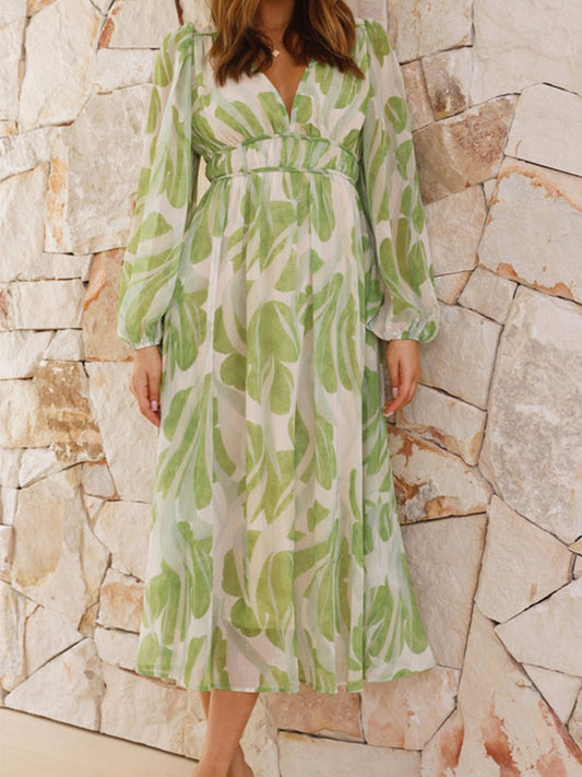 Onbely robe longue imprimé tropicale mousseline v-cou manches longues mode vacances