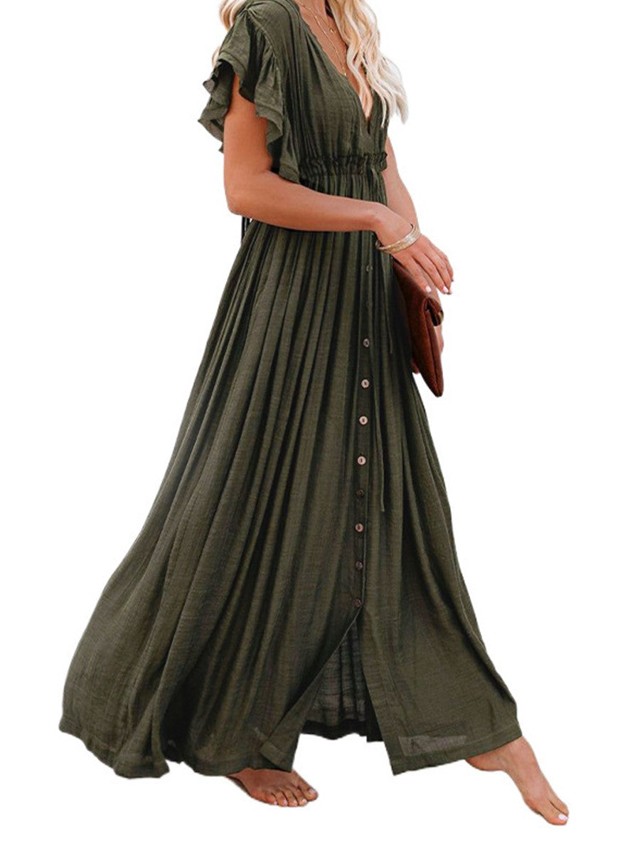Onbely robe longue décolleté plongeant volants superposés manches courtes coulisse taille hawaienne vacances plage Protection solaire