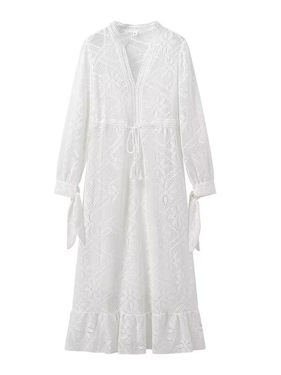 Onbely robe mi-longue dentelle coulisse taille col en V manches longues bohème blanc