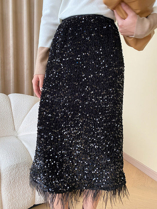 Onbely jupe longue mode brillante paillette plumes - onbely