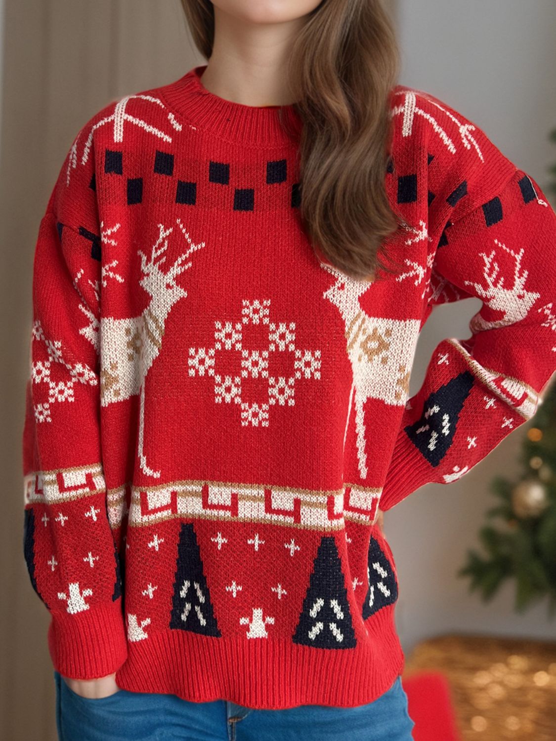 Pull de Noël à col rond et manches longues avec motif de renne