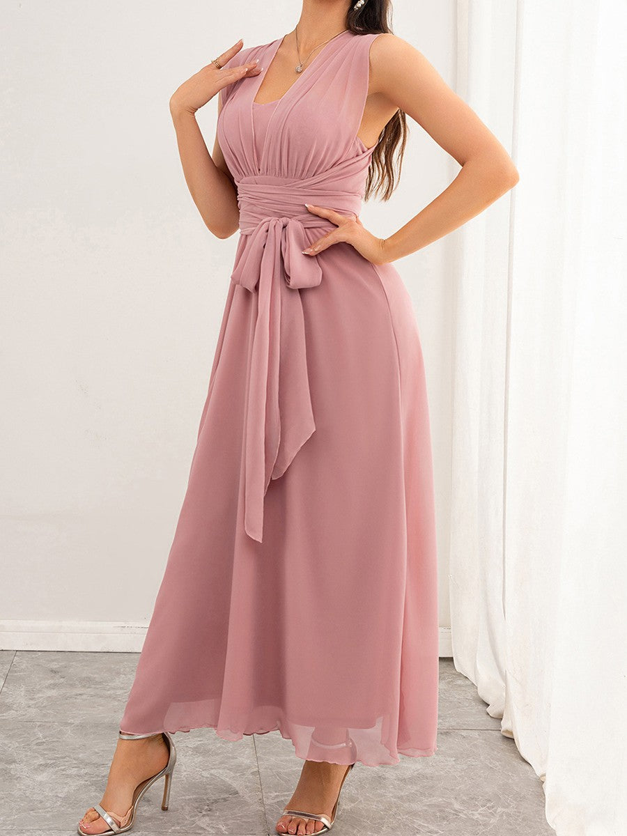 Onbely robe demoiselle d'honneur longue mousseline strappy v-col mode rose