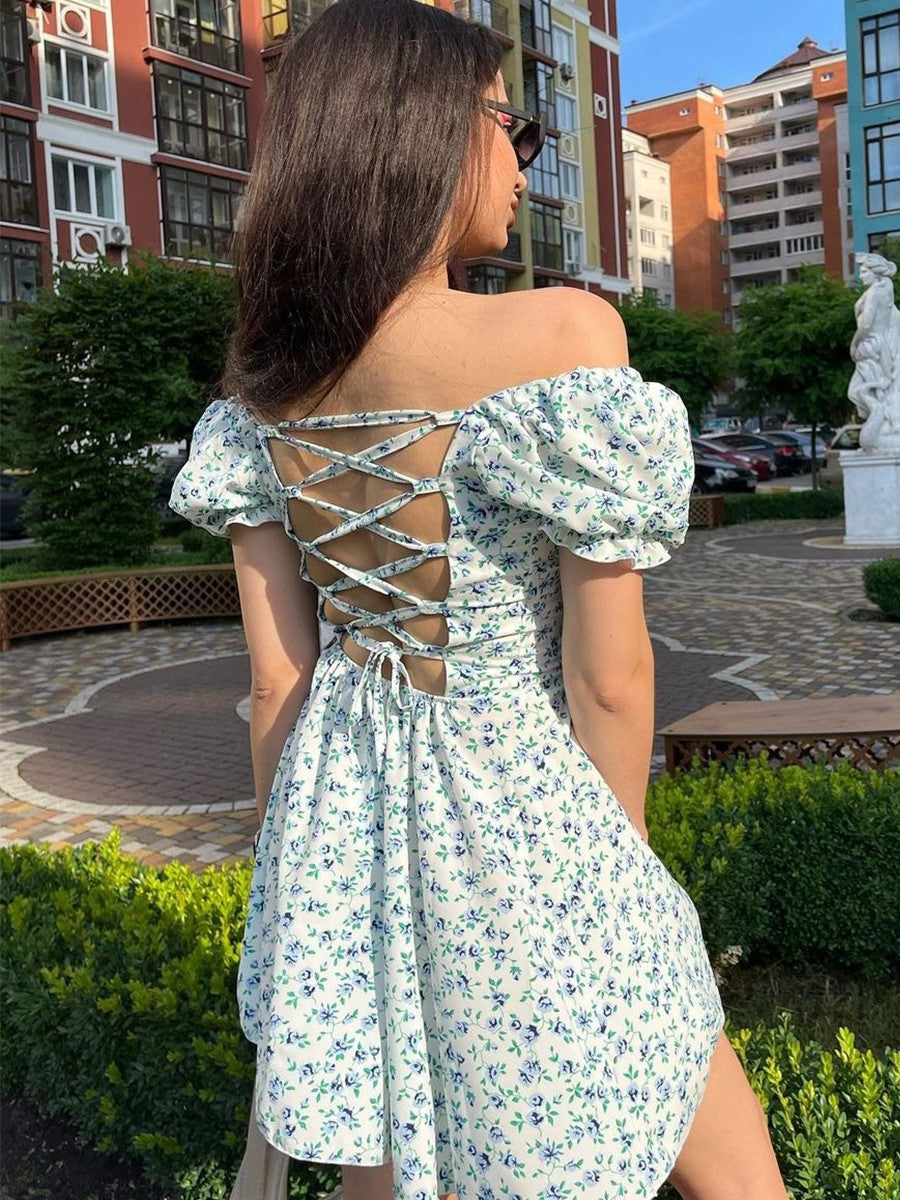 Onbely robe courte trapèze fleurs dos nu col carré manches bouffantes manches courtes taille marquée doux tous les jours vacances