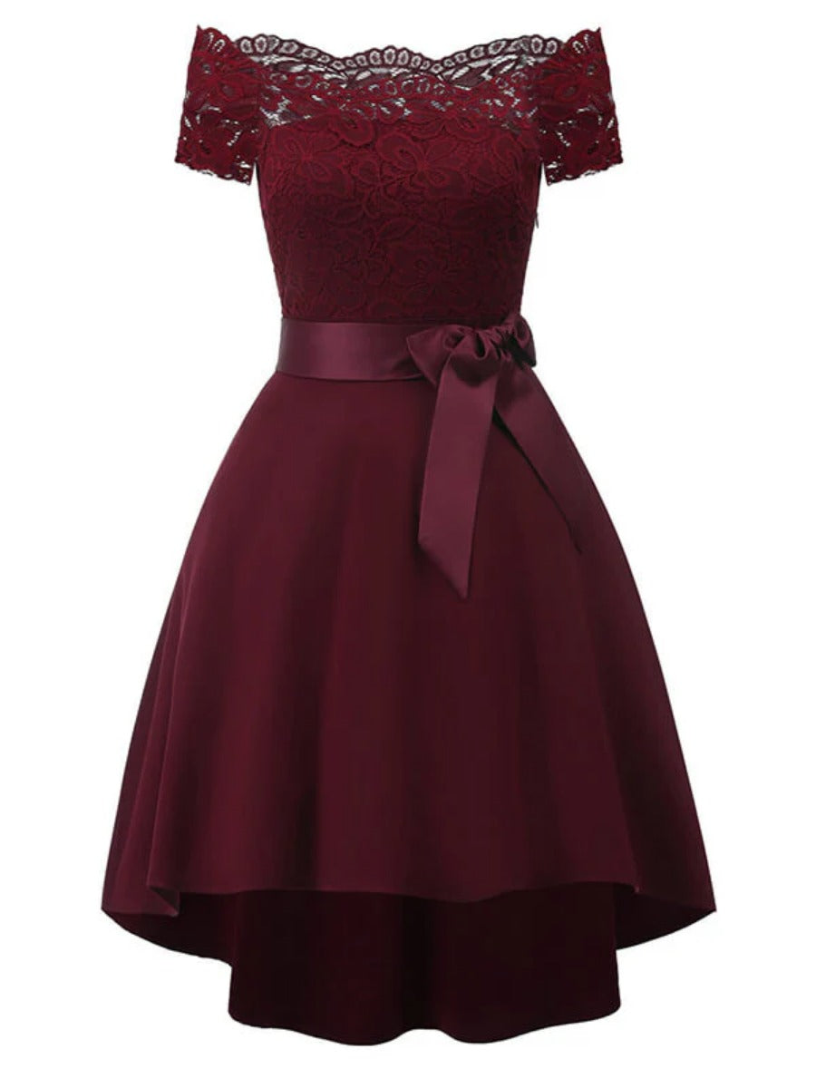 Onbely Robe Midi Vintage en Dentelle Ceinturée à Manches Courtes Cocktail