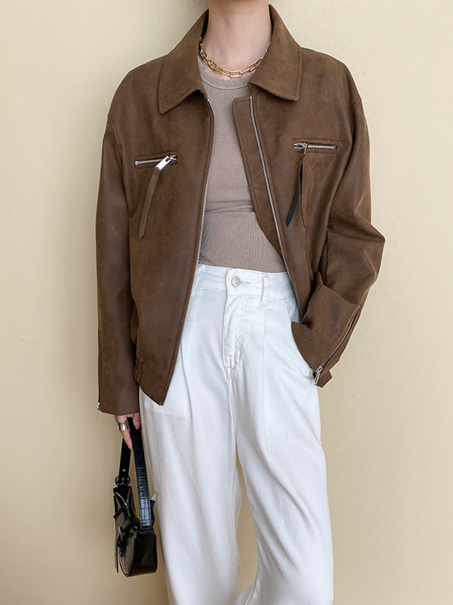 Onbely veste en cuir PU fermeture éclair femme vintage