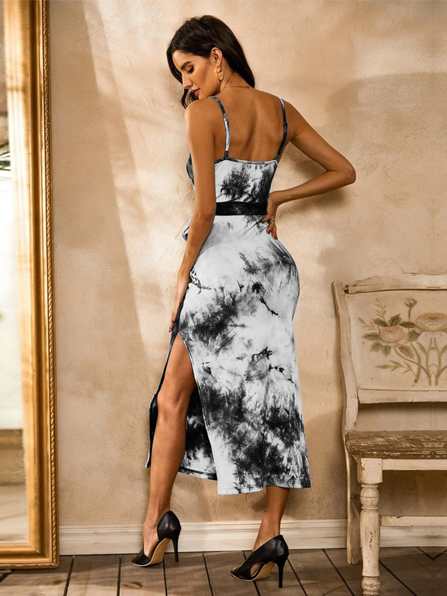 Onbely mi-longue robe tie and dye imprimé à fleurie coton fendu le côté dos nu à fines brides col bateau coulisse taille mode tous les jours