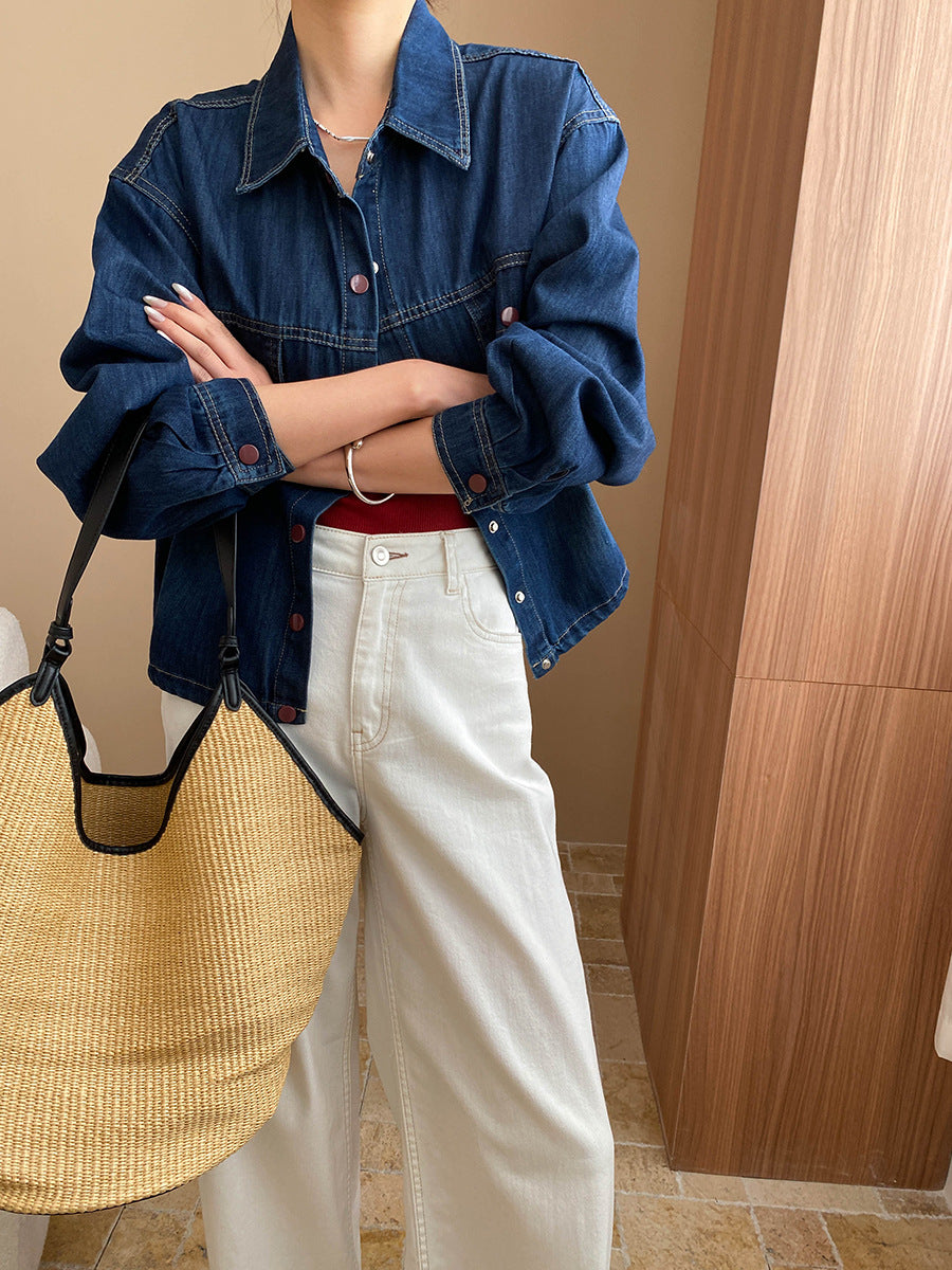 Onbely veste en denim bleu boutonnage avec poches col chemise femme mode