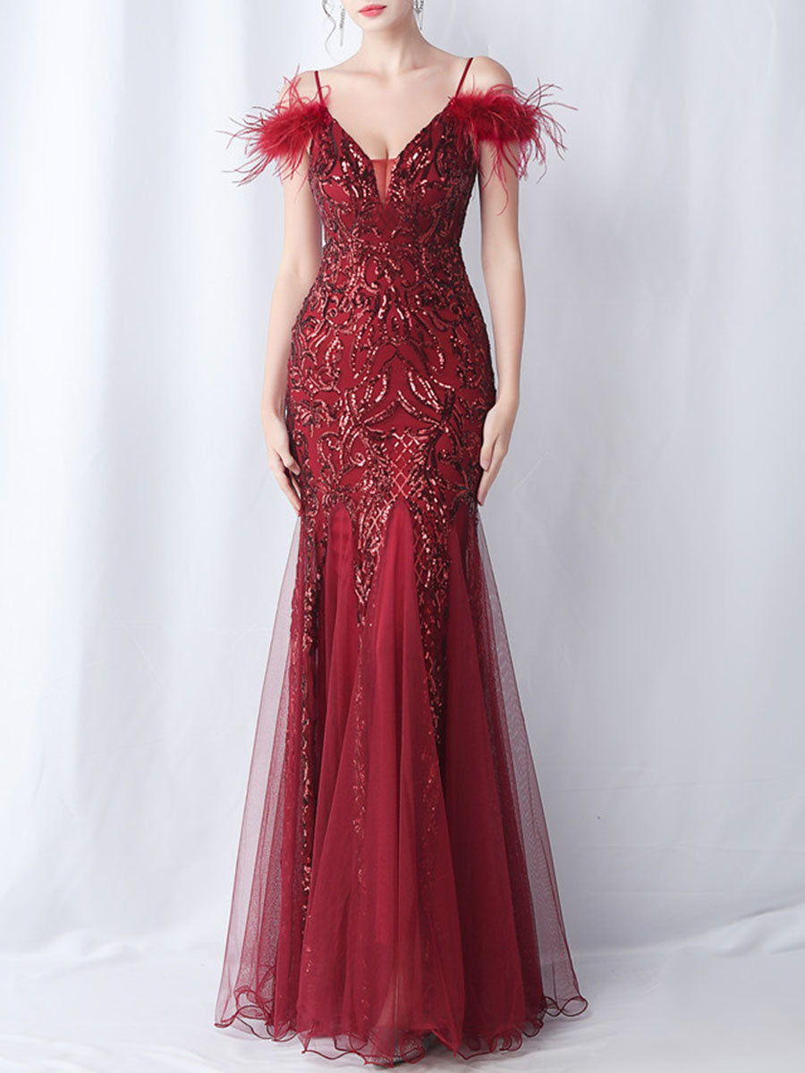 Onbely robe de soirée maxi longue en paillettes brillantes avec plumes pour un mariage femme cérémonie