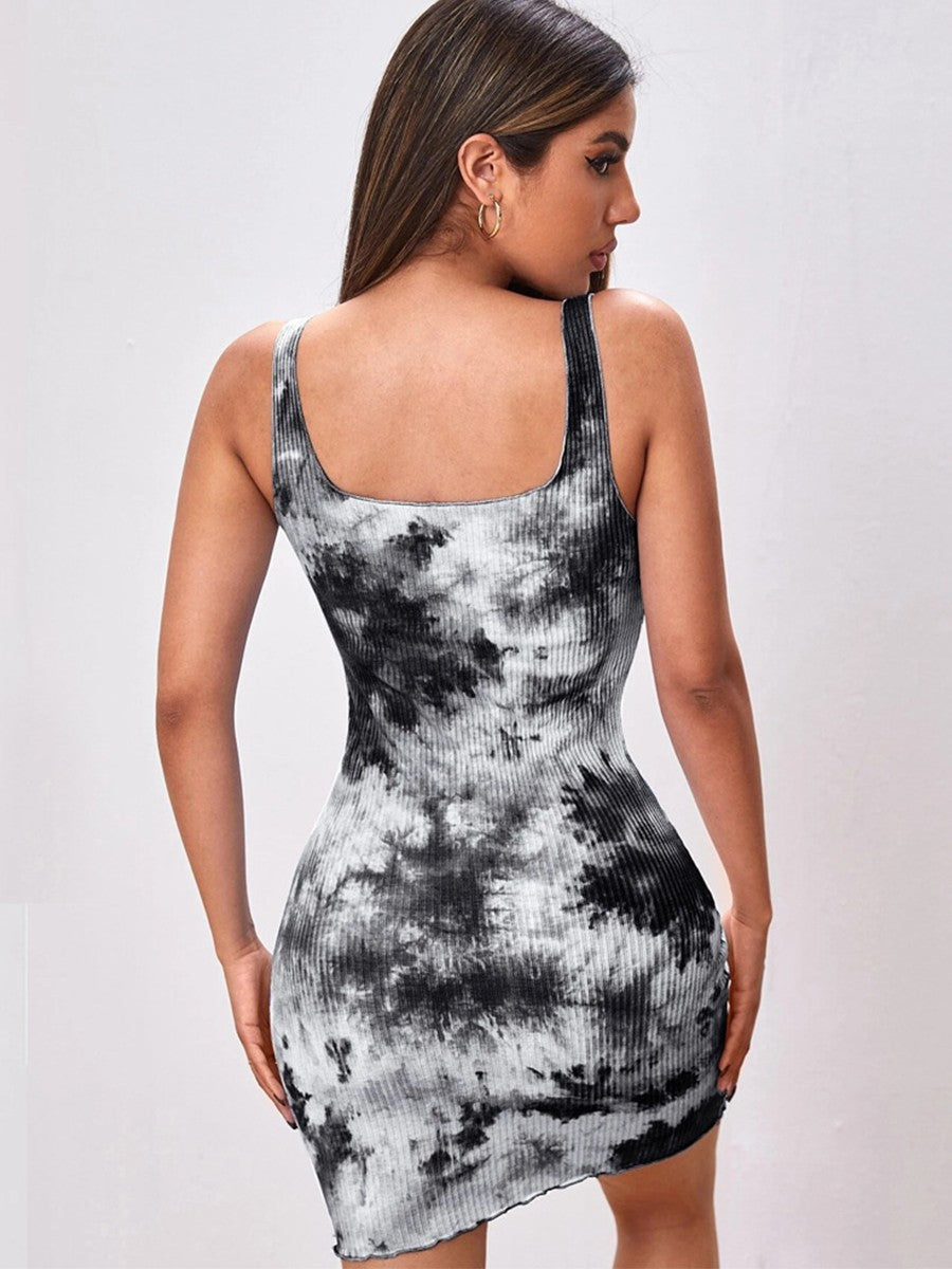 Onbely robe courte tie and dye imprimé à fleurie coton bretelle col carré cintrée mode tous les jours vacances