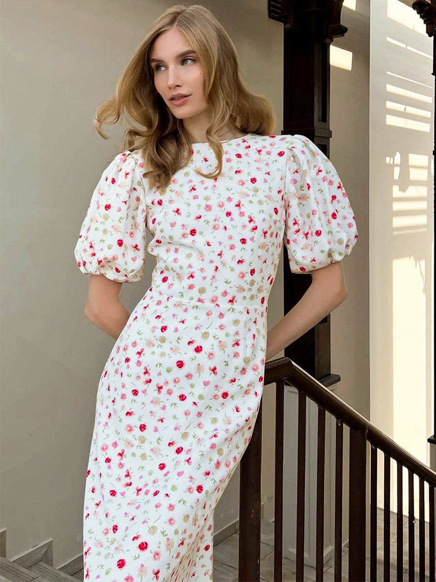 Onbely robe longue fleurs sirène col rond manches bouffantes manches courtes cintrée doux tous les jours bureau