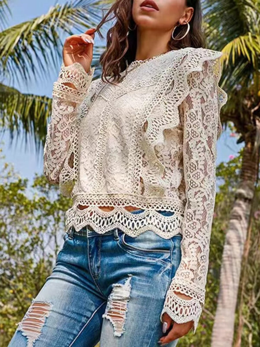 Onbely hauts broderie anglaise avec fermeture éclair col rond élégant femme