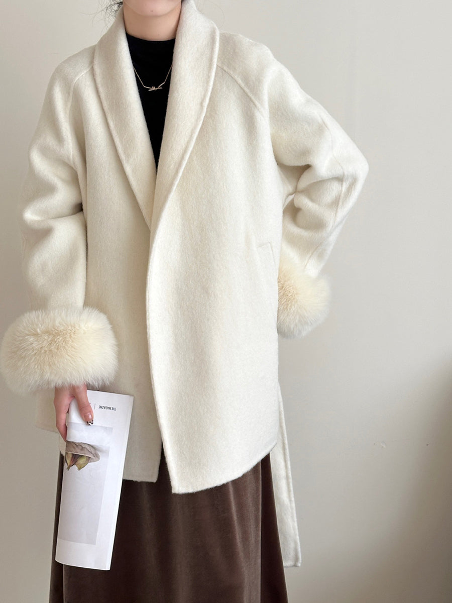 Onbely manteau en laine courte fausse fourrure avec ceinture pour femme