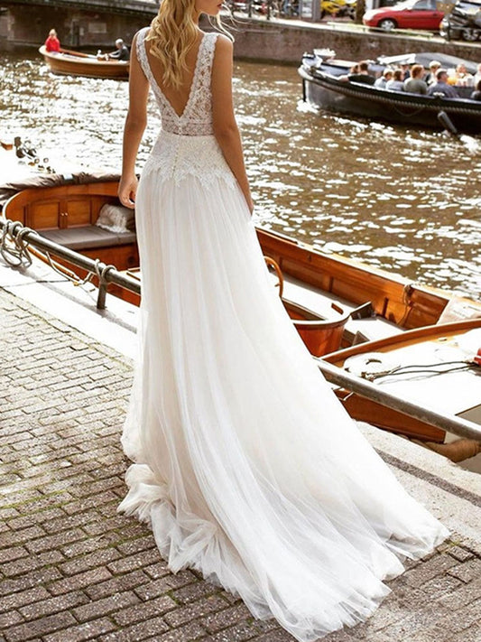 Onbely robe maxi longue de mariée princesse Col en V bohème boho dress