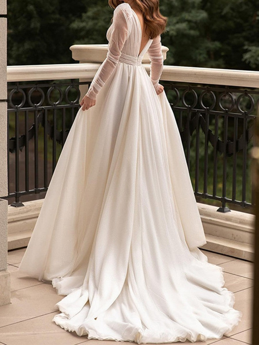 Onbely robe de mariage dentelle décolleté dos v-cou manches longues élégant
