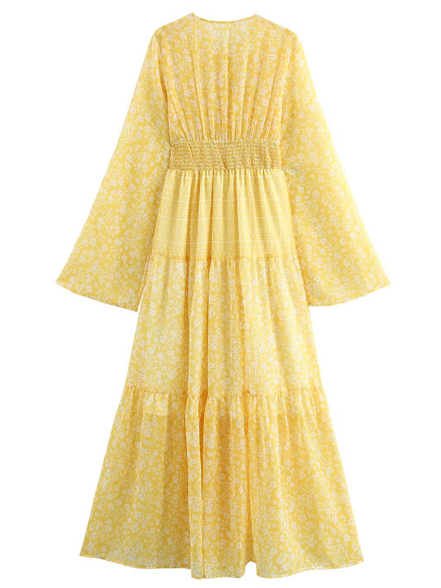 Onbely Robe Longue mousseline imprimé à fleurie Manches Longues Jaune