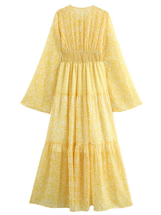 Onbely Robe Longue mousseline imprimé à fleurie Manches Longues Jaune boho dress