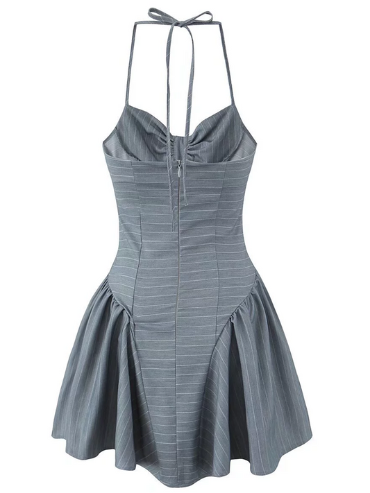 Onbely robe courte trapèze gris unicolore bustier dos nu à fines brides élégant mode vacances bal de promo