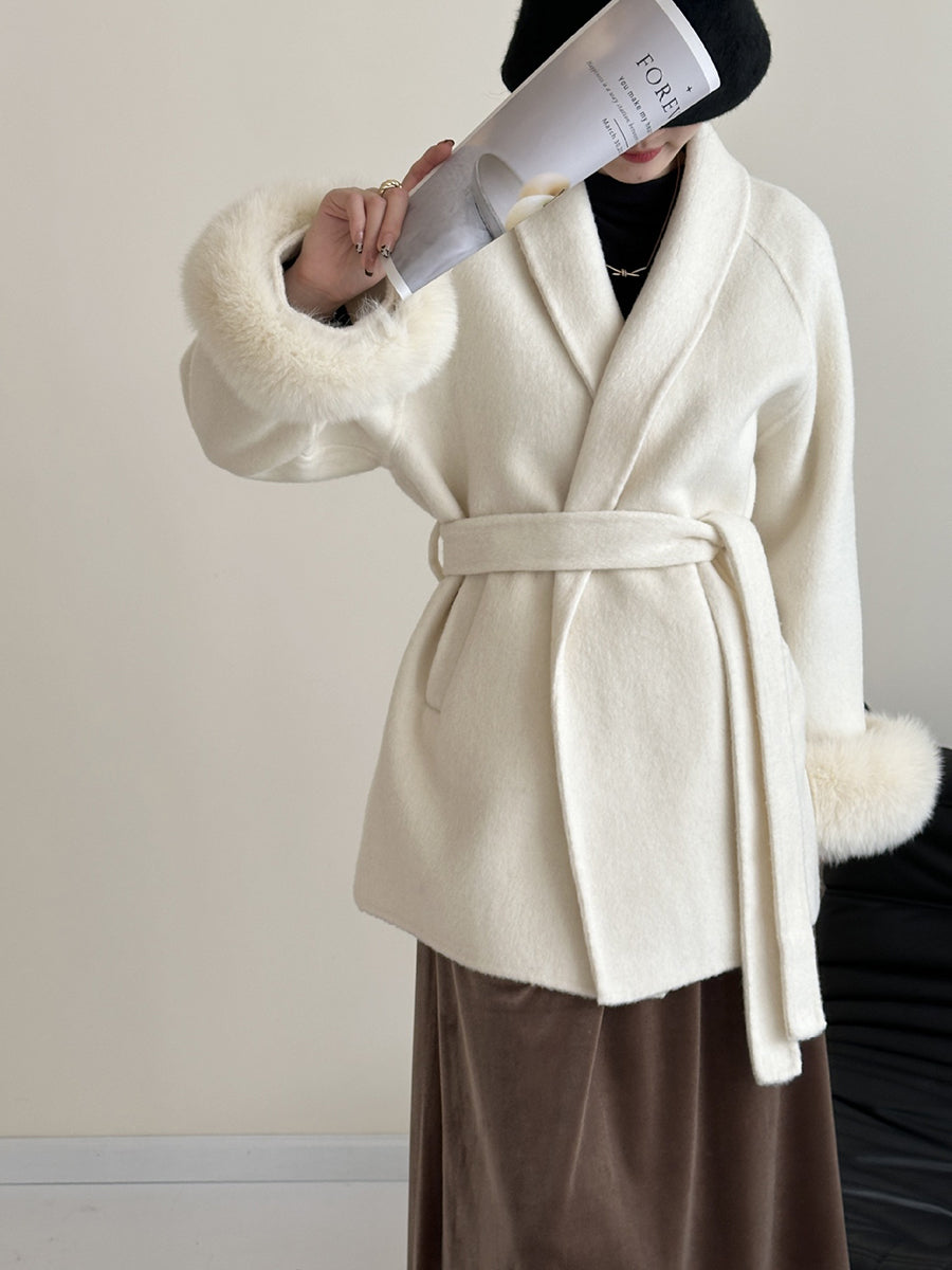 Onbely manteau en laine courte fausse fourrure avec ceinture pour femme