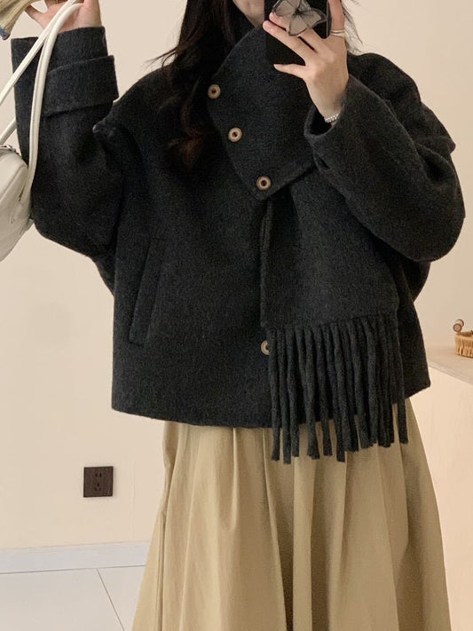 Onbely manteau en laine avec frange écharpe pour femme