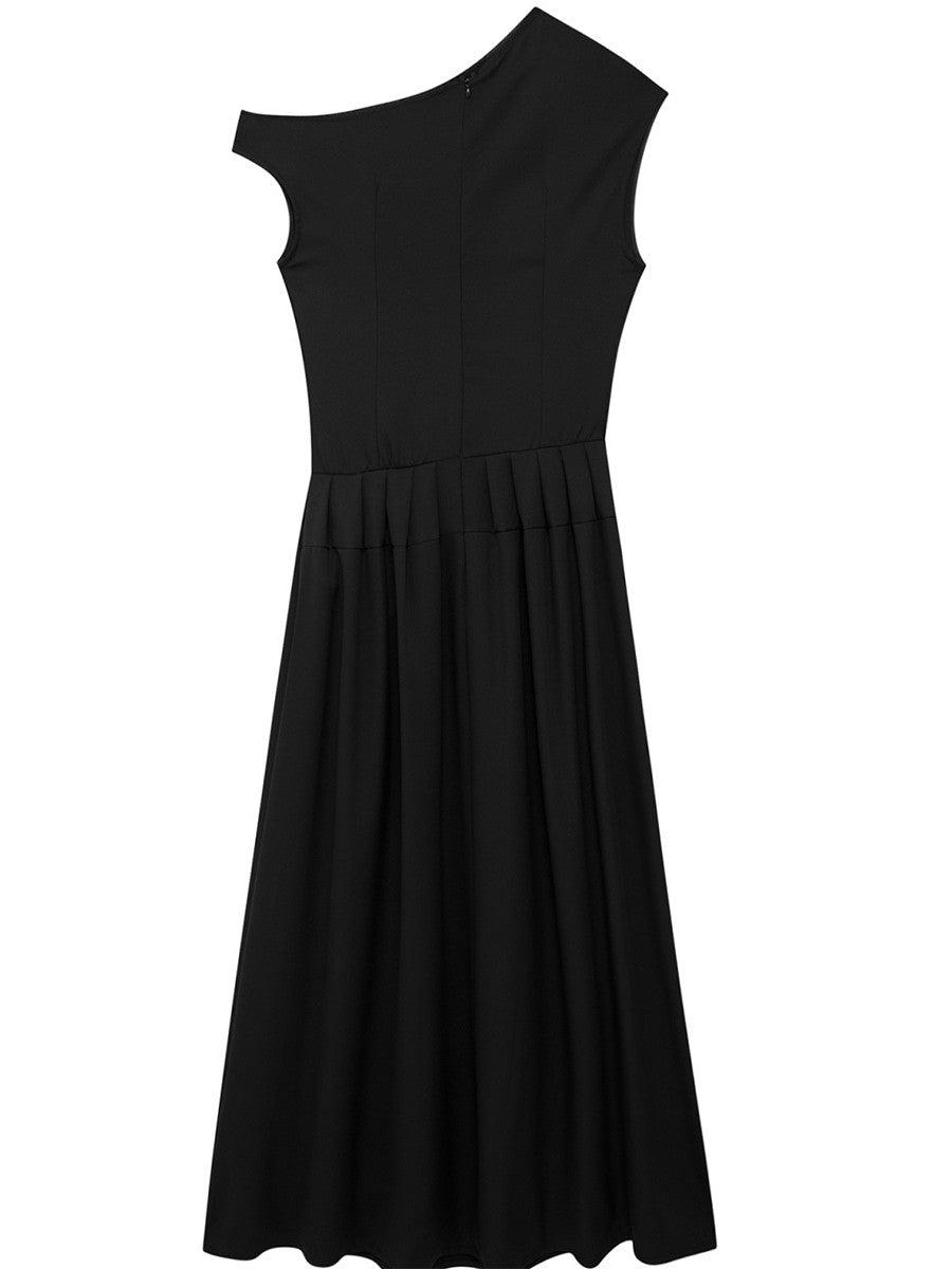 Onbely robe longue trapèze unicolore plissé col asymétrique mode tous les jours bureau