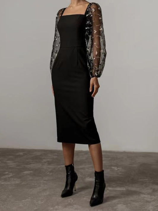 Onbely mi-longue robe moulante col carré manches longues cocktail