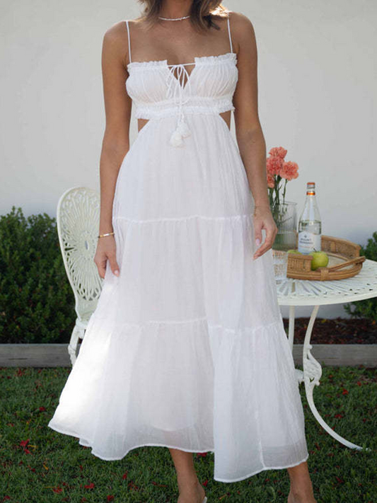 Onbely Robe longue unicolore strappy à fines brides bustier dos nu vacances boho dress