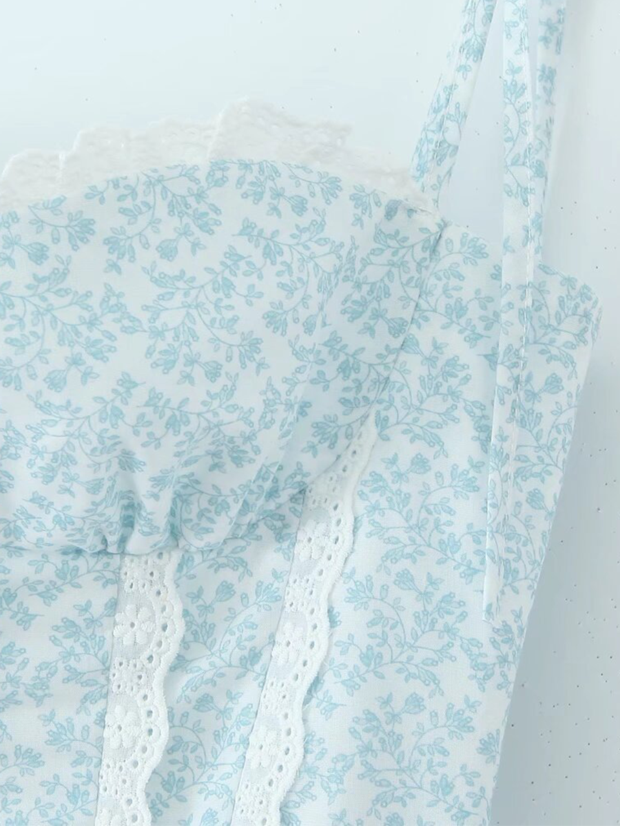 Onbely mi-longue robe imprimé à fleurie dentelle à fines brides Chic cocktail Bleu