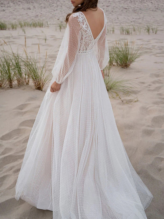 Onbely robe de mariée princesse fendu le côté manches bouffantes bohème boho dress