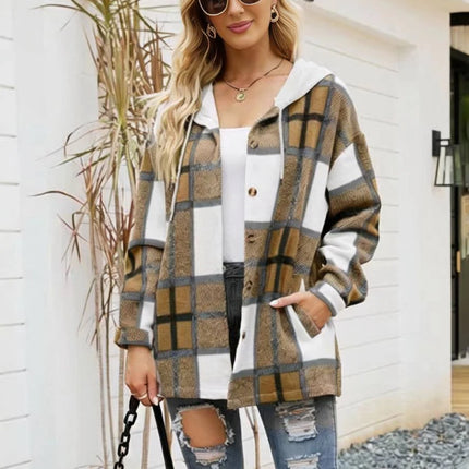 Onbely surchemise femme à carreaux avec capuche boutonnage poches manches longues style vintage décontracté veste