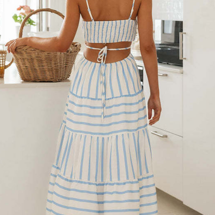 Onbely mi-longue robe trapèze rayé dos nu à fines brides élégant mode vacances tous les jours