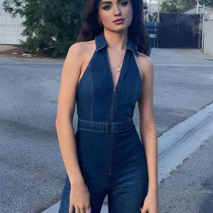 Onbely combinaisons femme en jean v cou sans manches élégant vintage mode casual