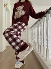 Onbely Women's Christmas Plaid Teddy Bear Fleece Pajama Set