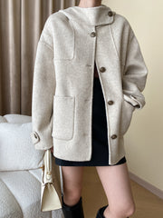 Onbely women's wool coat with buttoned pockets and hooded cape