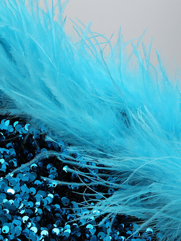 Onbely mini-robe mode brillante paillette plumes bleu - onbely